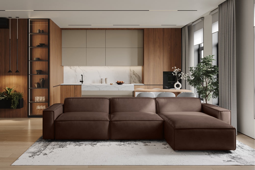 Valencia Nathan Full Aniline Leather Lounge Modular Sofa, Three Seats with Right Chaise, Dark Chocolate