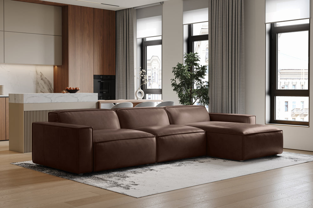 Valencia Nathan Full Aniline Leather Lounge Modular Sofa, Three Seats with Right Chaise, Dark Chocolate