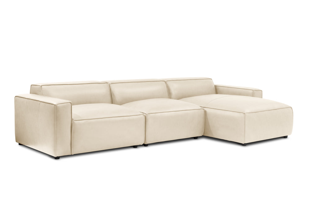 Valencia Nathan Full Aniline Leather Lounge Modular Sofa, Three Seats with Right Chaise, Antique White