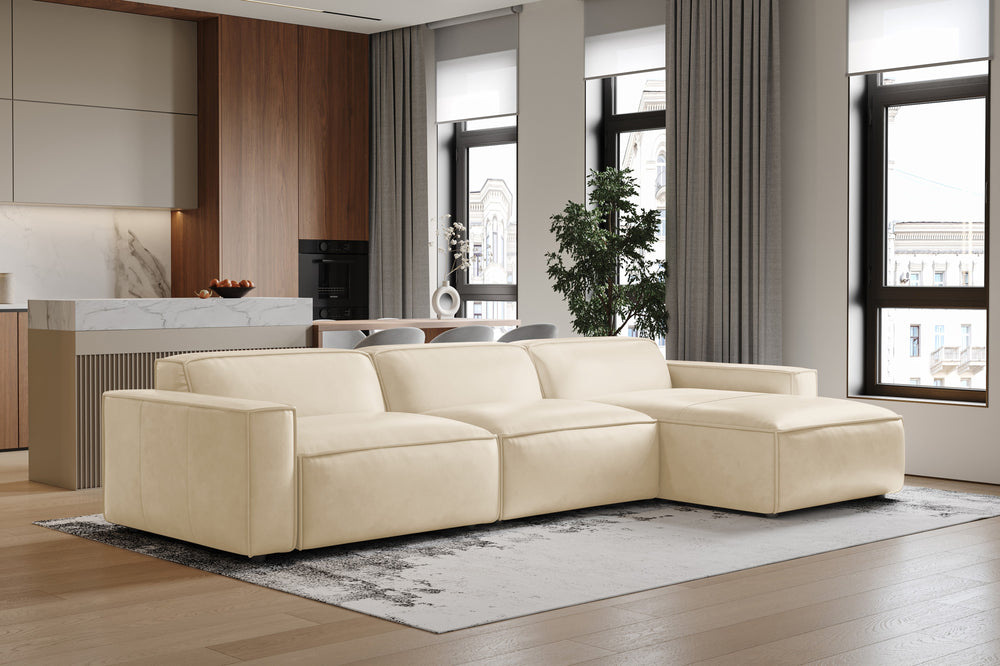 Valencia Nathan Full Aniline Leather Lounge Modular Sofa, Three Seats with Right Chaise, Antique White