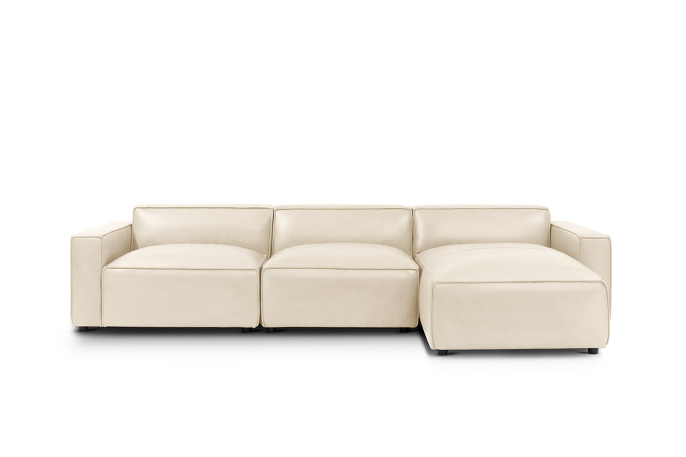 Valencia Nathan Full Aniline Leather Lounge Modular Sofa, Three Seats with Right Chaise, Antique White