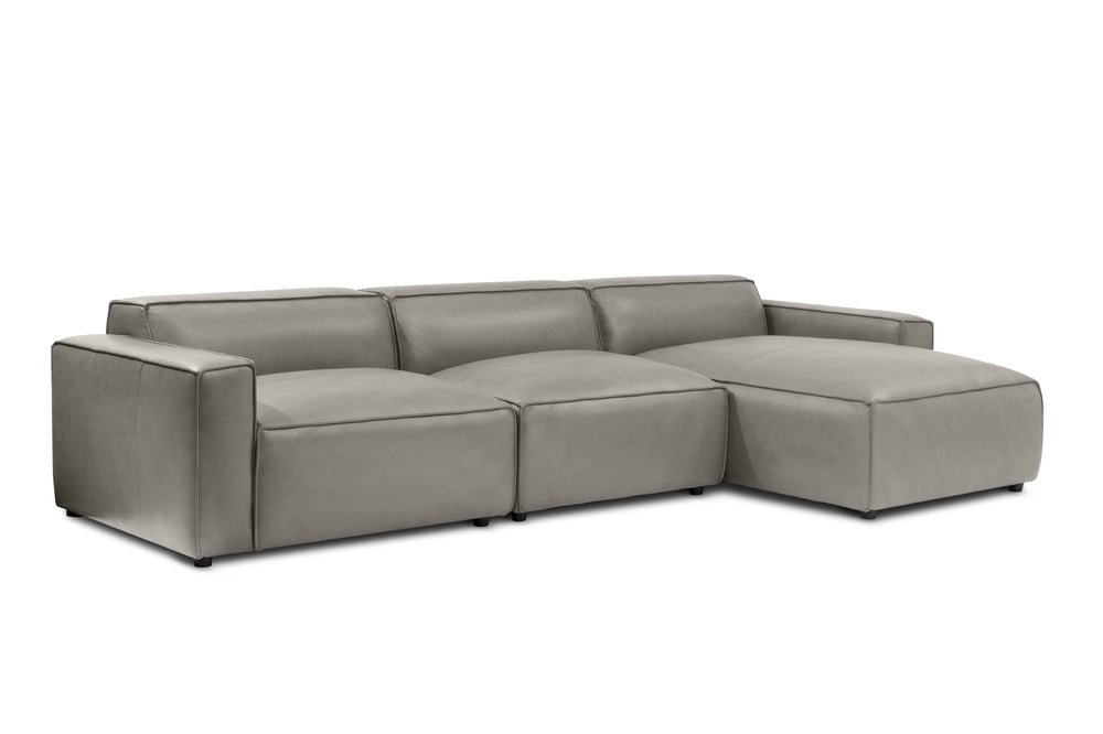 Valencia Nathan Full Aniline Leather Lounge Modular Sofa, Three Seats with Right Chaise, Light Grey