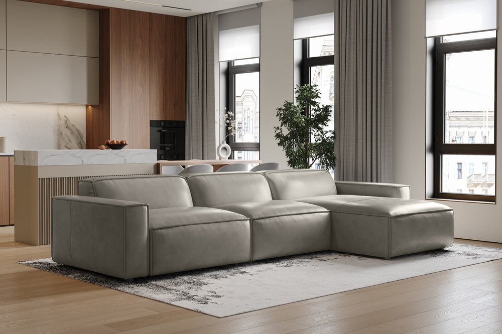 Valencia Nathan Full Aniline Leather Lounge Modular Sofa, Three Seats with Right Chaise, Light Grey