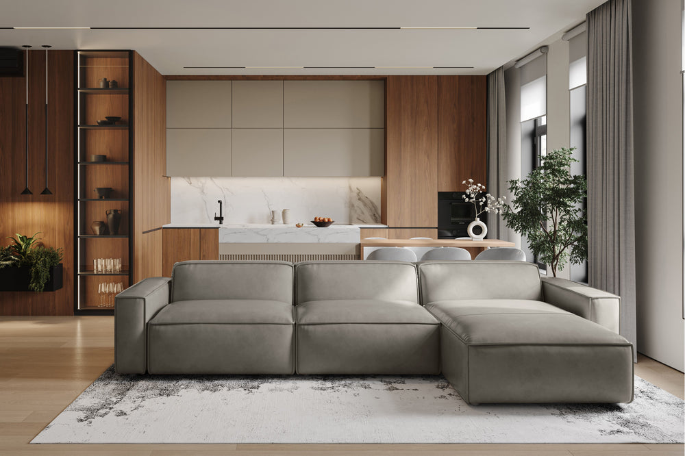 Valencia Nathan Full Aniline Leather Lounge Modular Sofa, Three Seats with Right Chaise, Light Grey