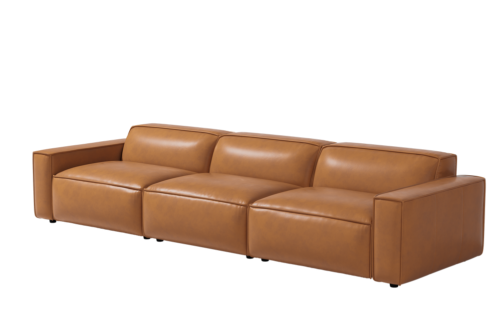 Valencia Nathan Full Aniline Leather Lounge Modular Sofa, Three Seats, Caramel Brown Color