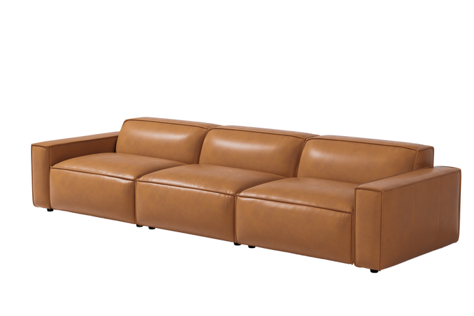 Valencia Nathan Full Aniline Leather Lounge Modular Sofa, Three Seats, Caramel Brown Color