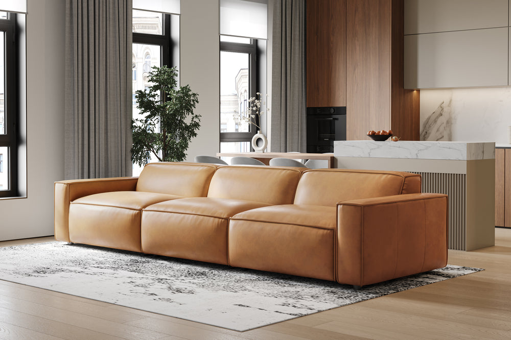 Valencia Nathan Full Aniline Leather Lounge Modular Sofa, Three Seats, Caramel Brown Color