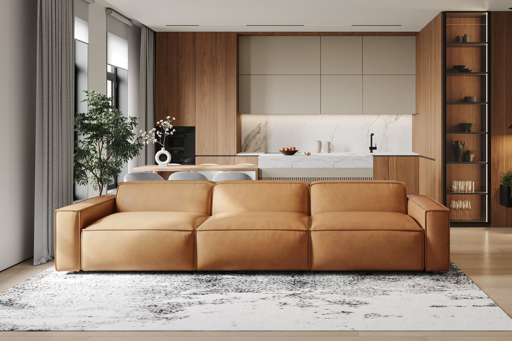 Valencia Nathan Full Aniline Leather Lounge Modular Sofa, Three Seats, Caramel Brown Color