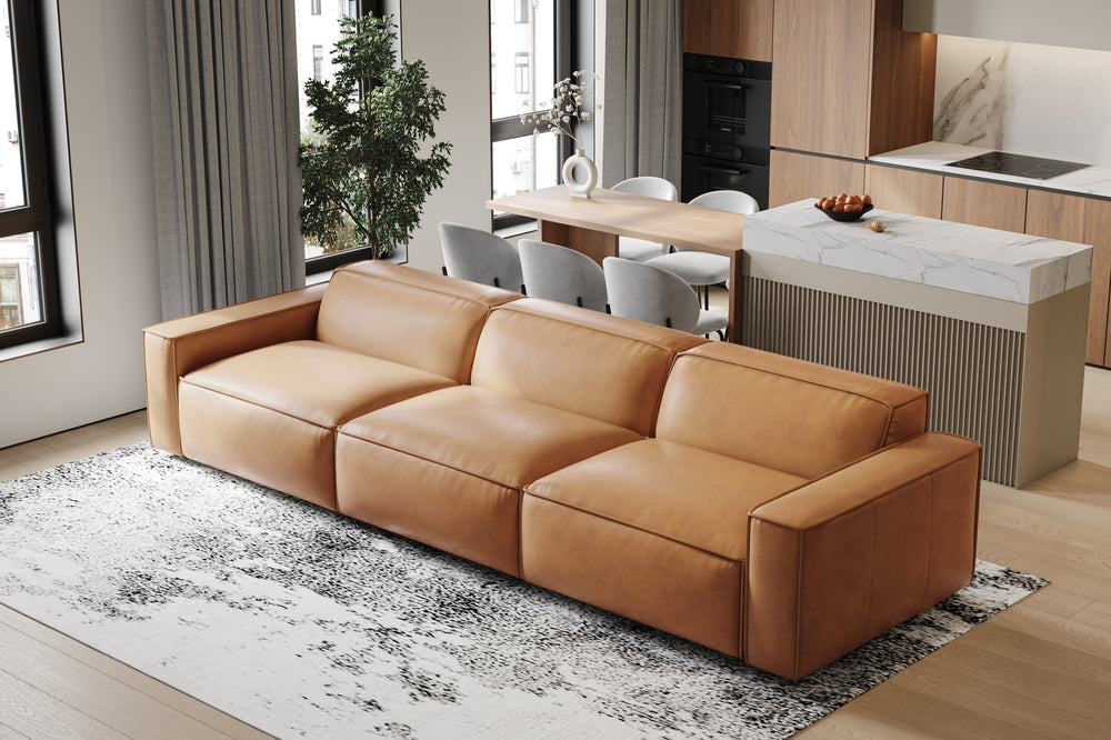 Valencia Nathan Full Aniline Leather Lounge Modular Sofa, Three Seats, Caramel Brown Color