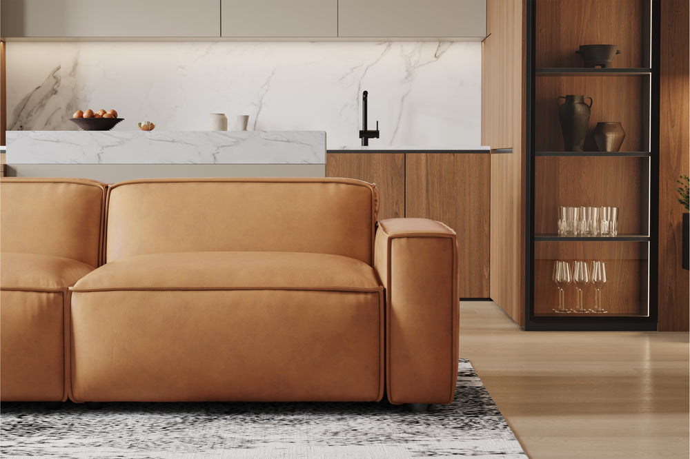 Valencia Nathan Full Aniline Leather Lounge Modular Sofa, Three Seats, Caramel Brown Color