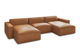 Valencia Nathan Full Aniline Leather Theater Lounge Modular Sofa with Down Feather, Row of 3 with 2 Chaises, Caramel Brown Color