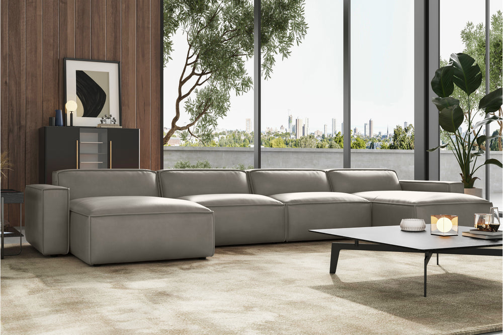 Valencia Nathan Full Aniline Leather Theater Lounge Modular Sofa with Down Feather, Row of 4 Double Chaise, Light Grey