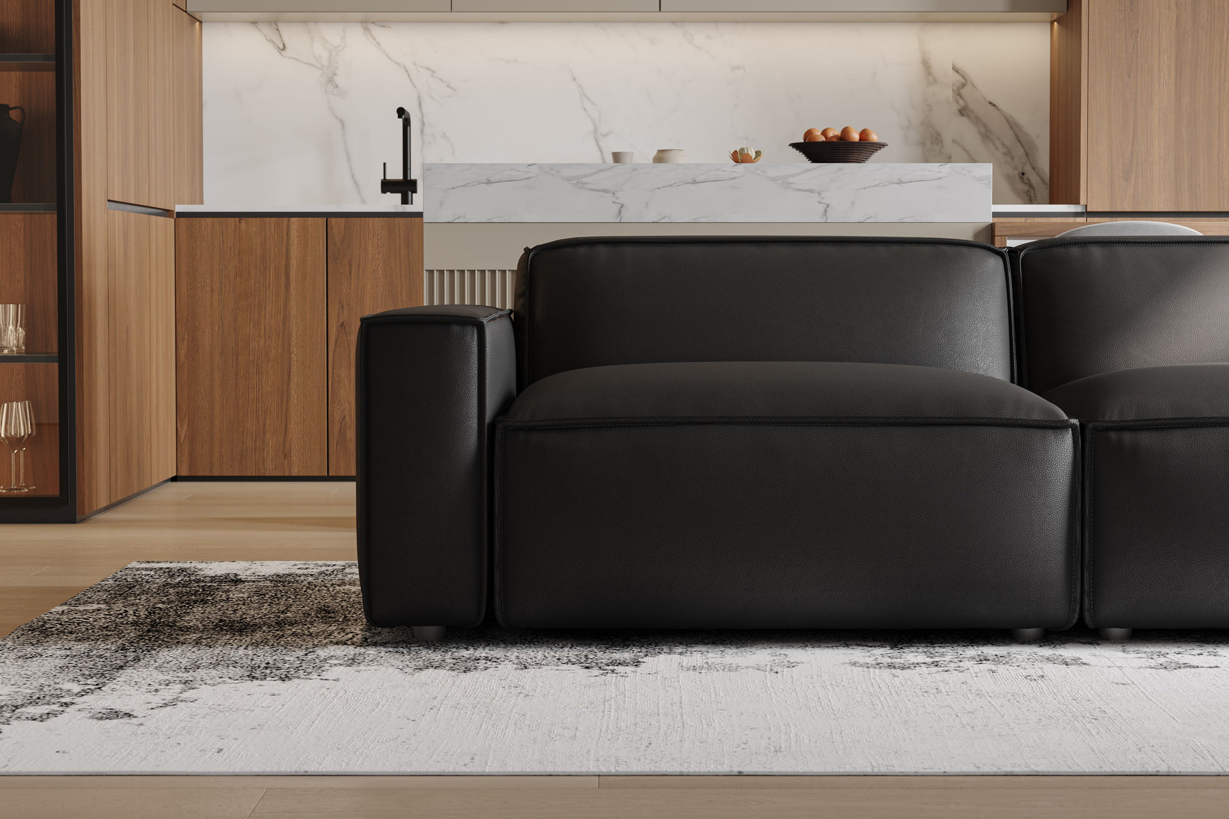 Valencia Nathan Full Aniline Leather Lounge Modular Sofa, Three Seats with Right Chaise, Black Color