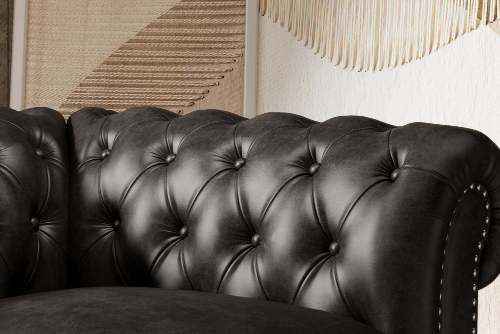 Valencia Parma Full Aniline Leather Chesterfield Single Sofa Accent Chair, Black Color