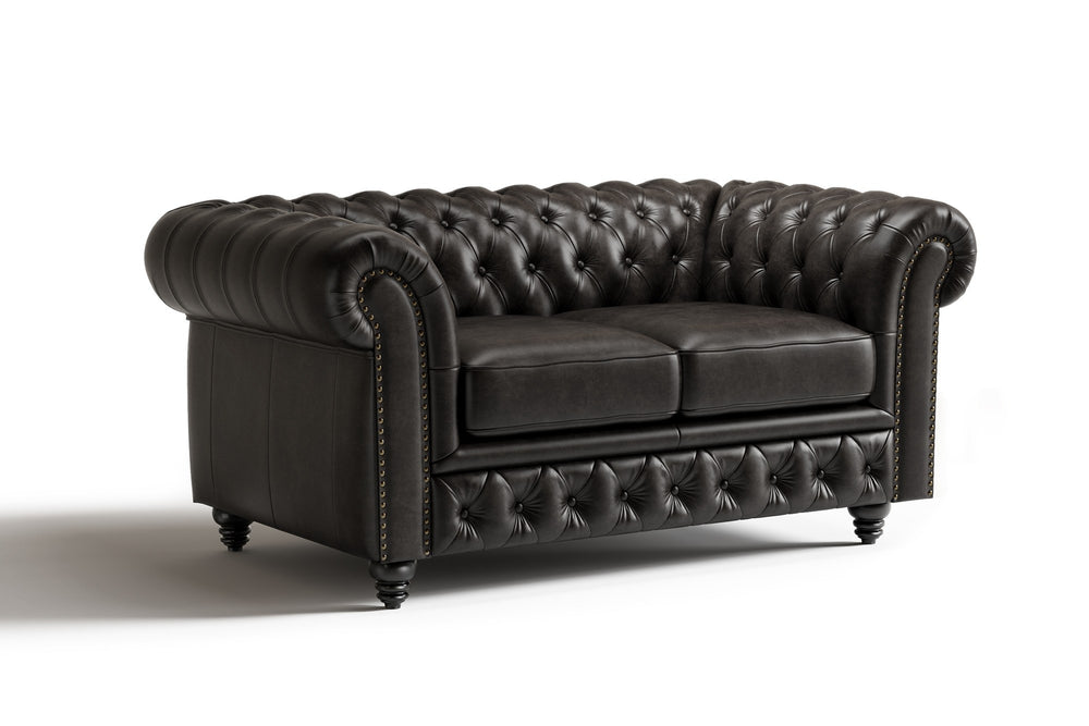 Valencia Parma 64" Full Aniline Leather Chesterfield Loveseat Sofa, Black Color