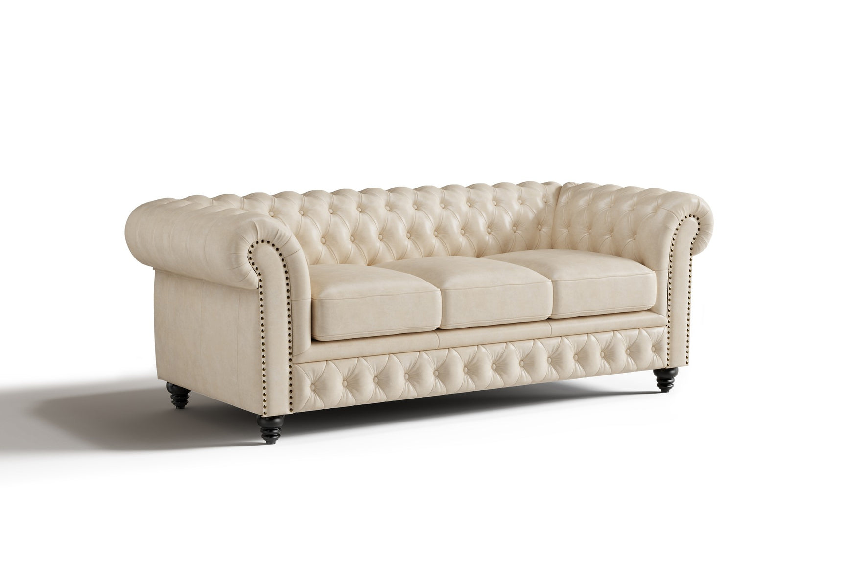 Valencia Parma 82" Full Aniline Leather Chesterfield Three Seats Sofa, Antique White
