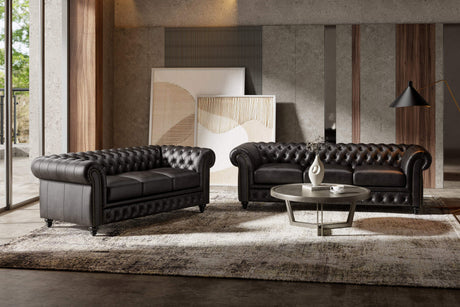 Valencia Parma 82" Full Aniline Leather Chesterfield Three Seats Sofa, Black