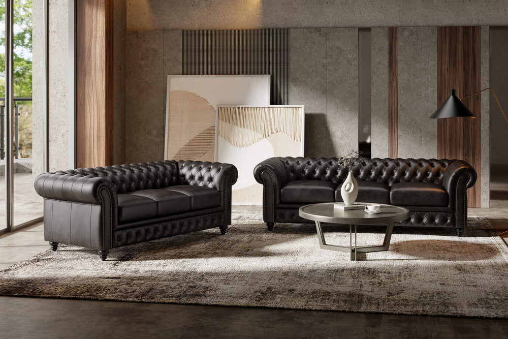 Valencia Parma 92" Full Aniline Leather Chesterfield Three Seats Sofa, Black Color