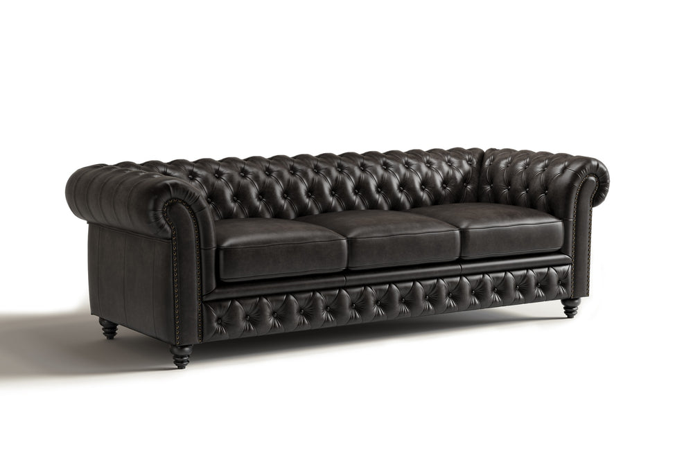 Valencia Parma 92" Full Aniline Leather Chesterfield Three Seats Sofa, Black Color