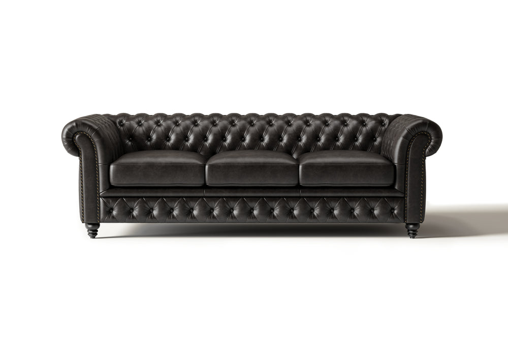 Valencia Parma 92" Full Aniline Leather Chesterfield Three Seats Sofa, Black Color