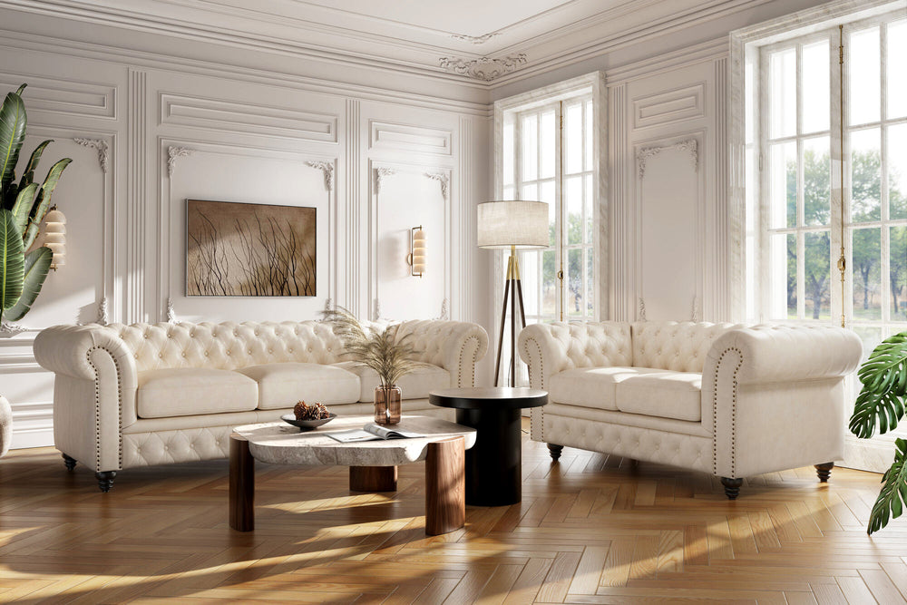 Valencia Parma 92" Full Aniline Leather Chesterfield Three Seats Sofa, Antique White Color