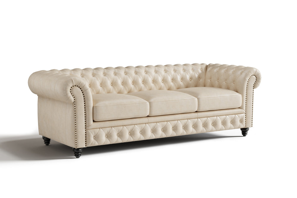 Valencia Parma 92" Full Aniline Leather Chesterfield Three Seats Sofa, Antique White Color