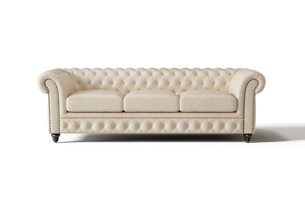 Valencia Parma 92" Full Aniline Leather Chesterfield Three Seats Sofa, Antique White Color