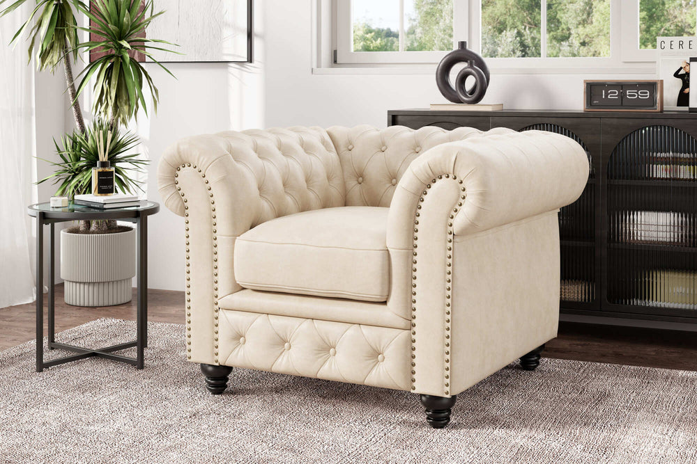 Valencia Parma Full Aniline Leather Chesterfield Single Sofa Accent Chair, Antique White