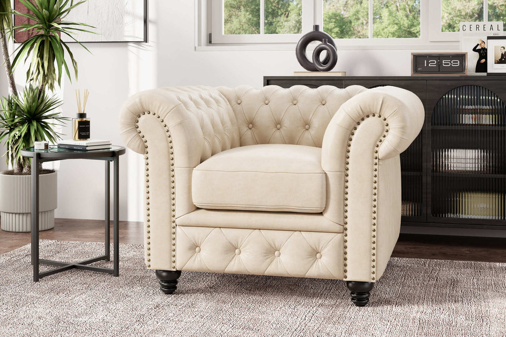 Valencia Parma Full Aniline Leather Chesterfield Single Sofa Accent Chair, Antique White