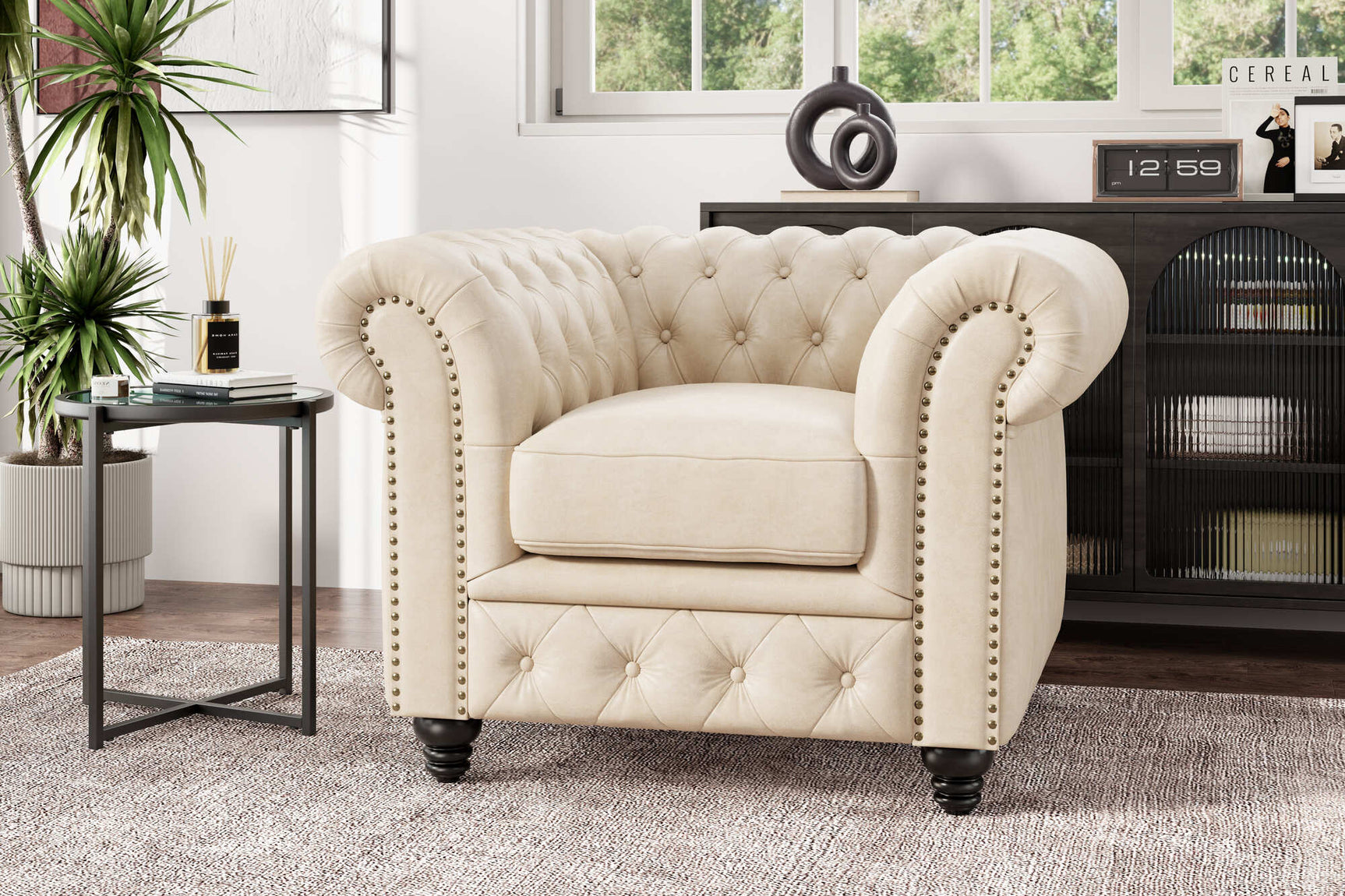 Valencia Parma Full Aniline Leather Chesterfield Single Sofa Accent Chair, Antique White
