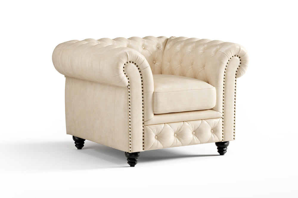 Valencia Parma Full Aniline Leather Chesterfield Single Sofa Accent Chair, Antique White