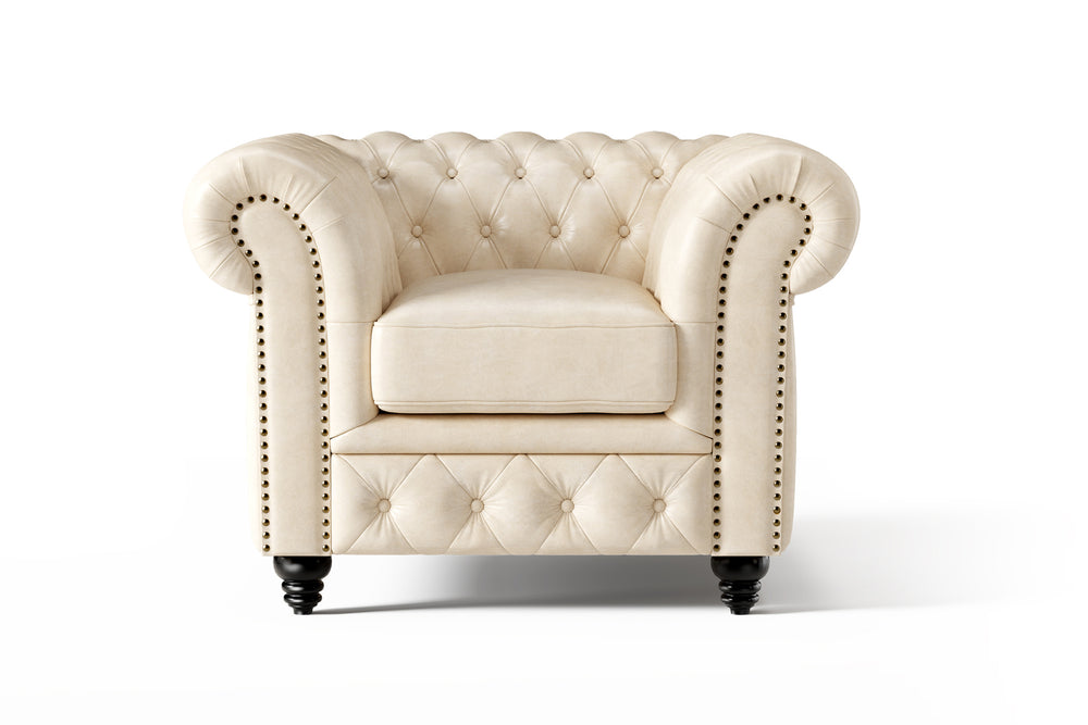 Valencia Parma Full Aniline Leather Chesterfield Single Sofa Accent Chair, Antique White