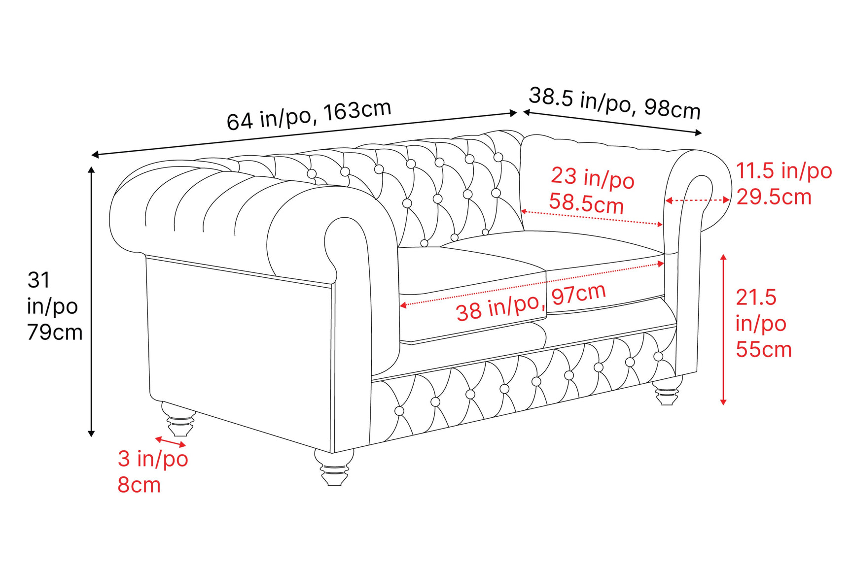 Valencia Parma 64" Full Aniline Leather Chesterfield Loveseat Sofa, Antique White Color
