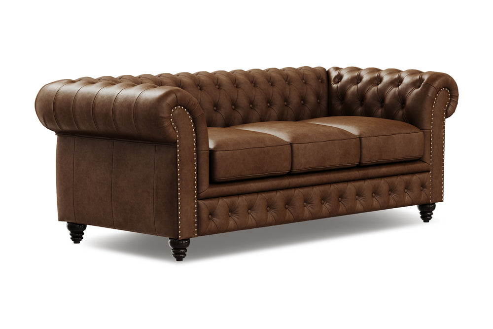 Valencia Parma 82" Full Aniline Leather Chesterfield Three Seats Sofa, Chocolate Color