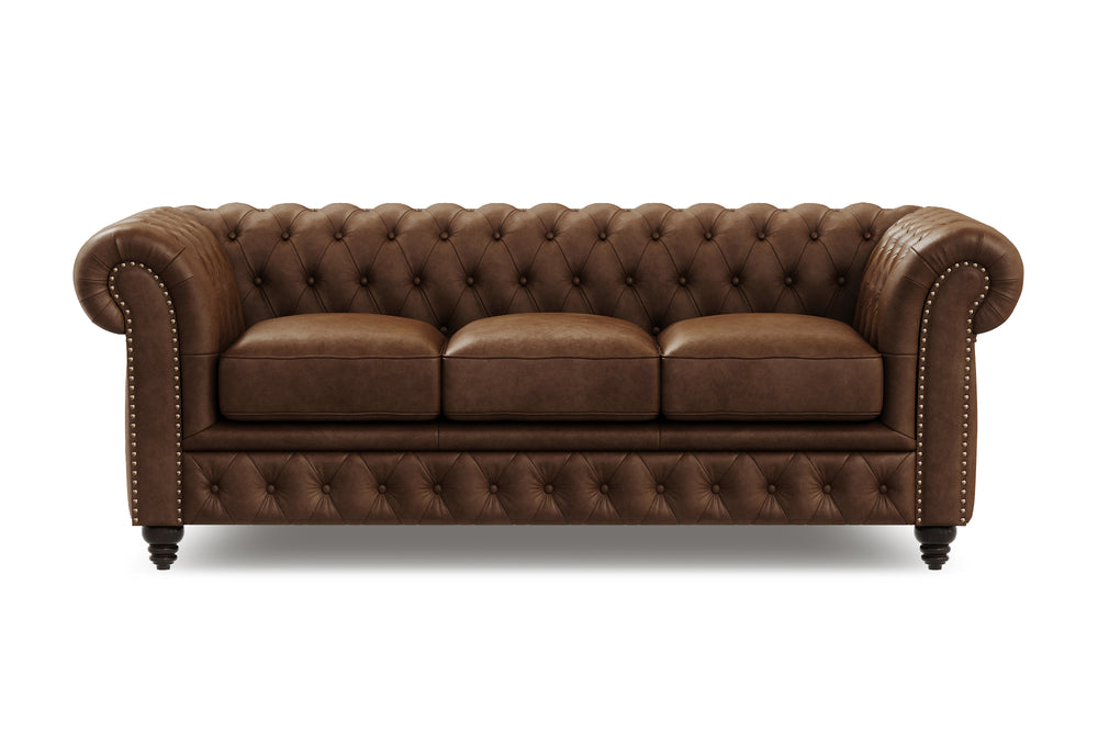 Valencia Parma 82" Full Aniline Leather Chesterfield Three Seats Sofa, Chocolate Color