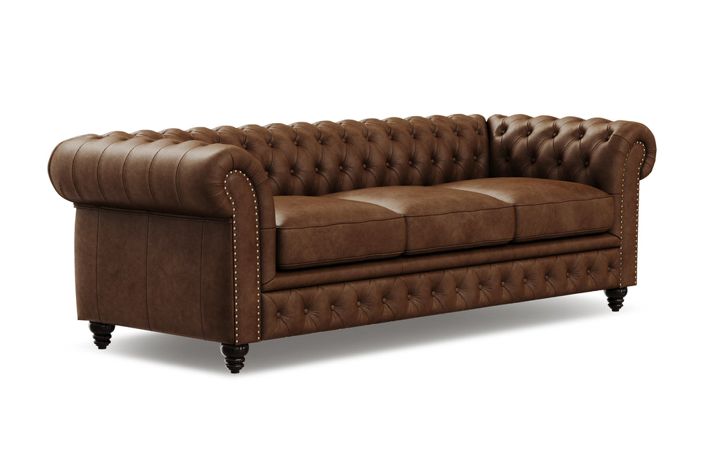 Valencia Parma 92" Full Aniline Leather Chesterfield Three Seats Sofa, Chocolate Color