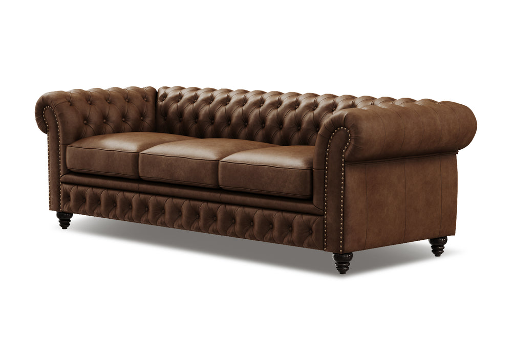 Valencia Parma 92" Full Aniline Leather Chesterfield Three Seats Sofa, Chocolate Color