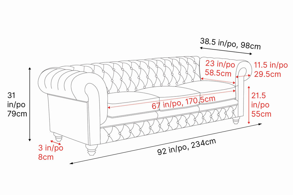 Valencia Parma 92" Full Aniline Leather Chesterfield Three Seats Sofa, Chocolate Color