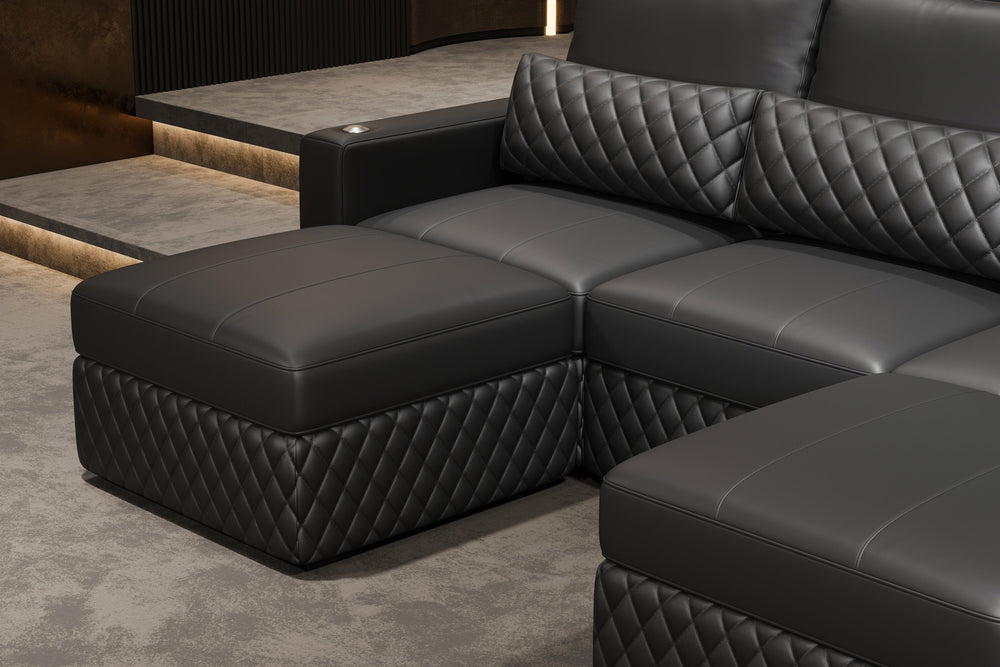 Valencia Pisa Ultimate Nappa 20000 Leather Lounge Sectional Sofa, Three Seats with 3 Ottomans, Black