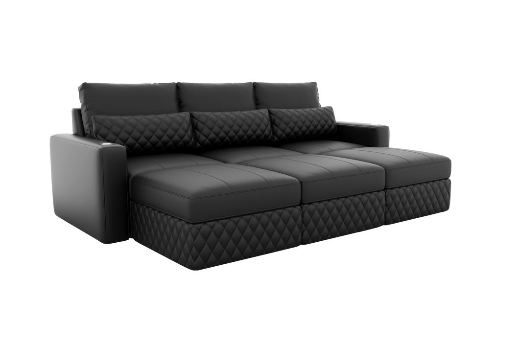 Valencia Pisa Top Grain Nappa 11000 Leather Lounge Sectional Sofa, Three Seats with 3 Ottomans, Black