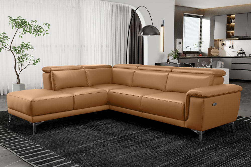 Valencia Pista Modern Top Grain Leather Reclining Sectional Sofa with Left-Hand Facing Chaise, Tan