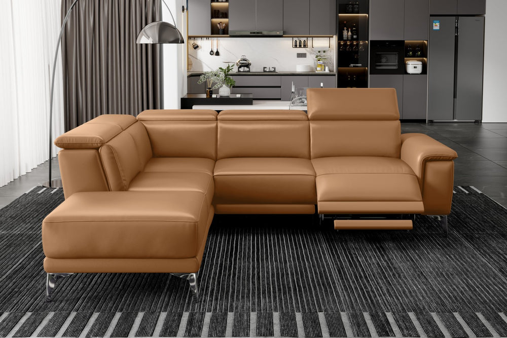 Valencia Pista Modern Top Grain Leather Reclining Sectional Sofa with Left-Hand Facing Chaise, Tan