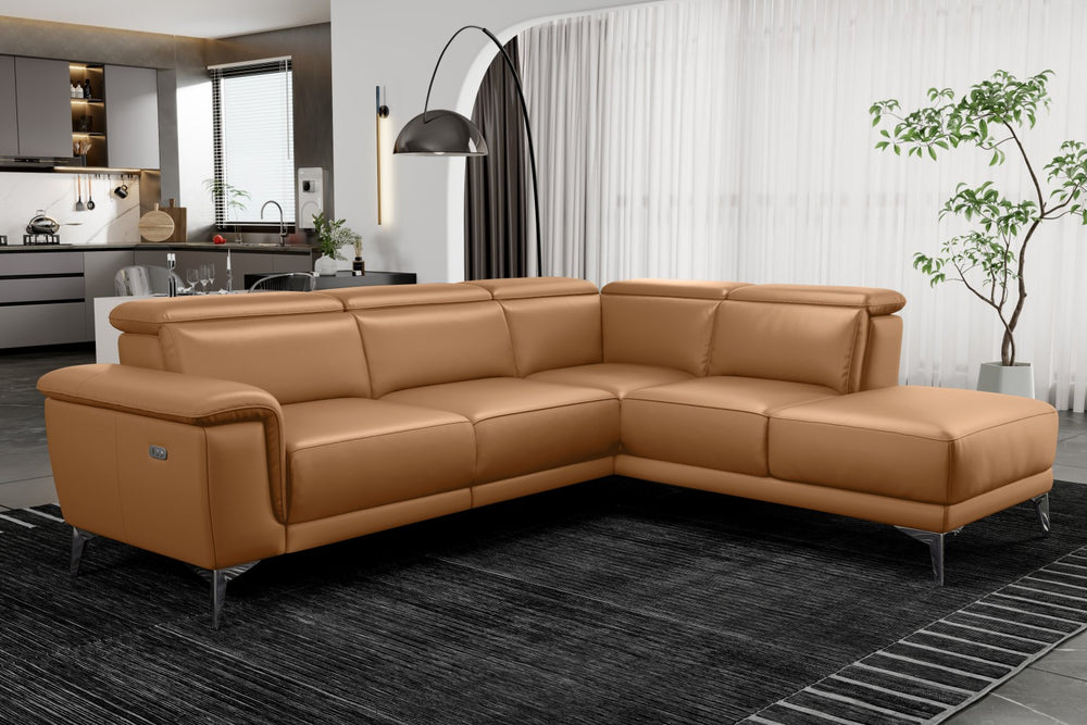 Valencia Pista Modern Top Grain Leather Reclining Sectional Sofa with Right-Hand Facing Chaise, Tan