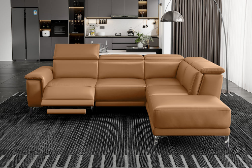 Valencia Pista Modern Top Grain Leather Reclining Sectional Sofa with Right-Hand Facing Chaise, Tan