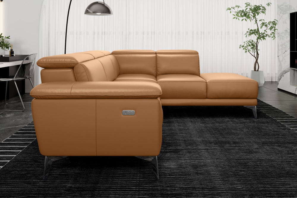 Valencia Pista Modern Top Grain Leather Reclining Sectional Sofa with Right-Hand Facing Chaise, Tan