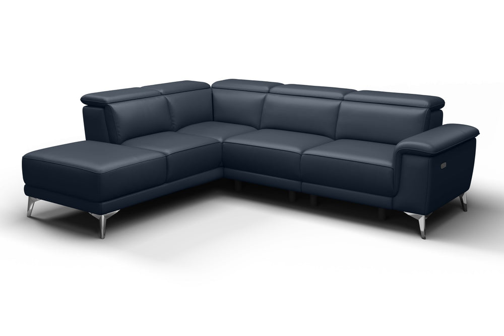 Valencia Pista Modern Top Grain Leather Reclining Sectional Sofa with Left-Hand Facing Chaise, Blue