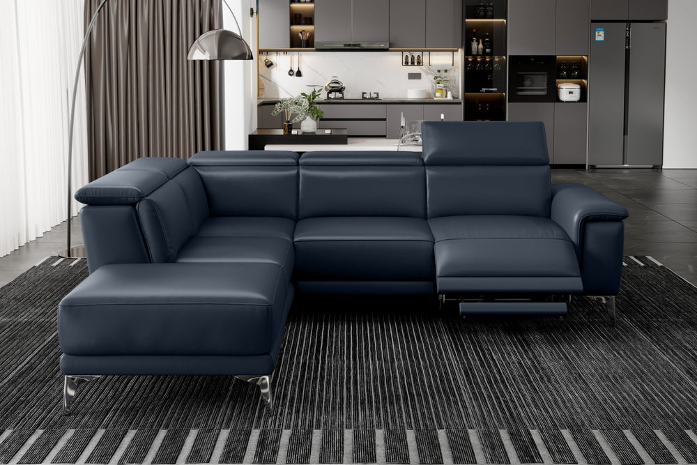 Valencia Pista Modern Top Grain Leather Reclining Sectional Sofa with Left-Hand Facing Chaise, Blue