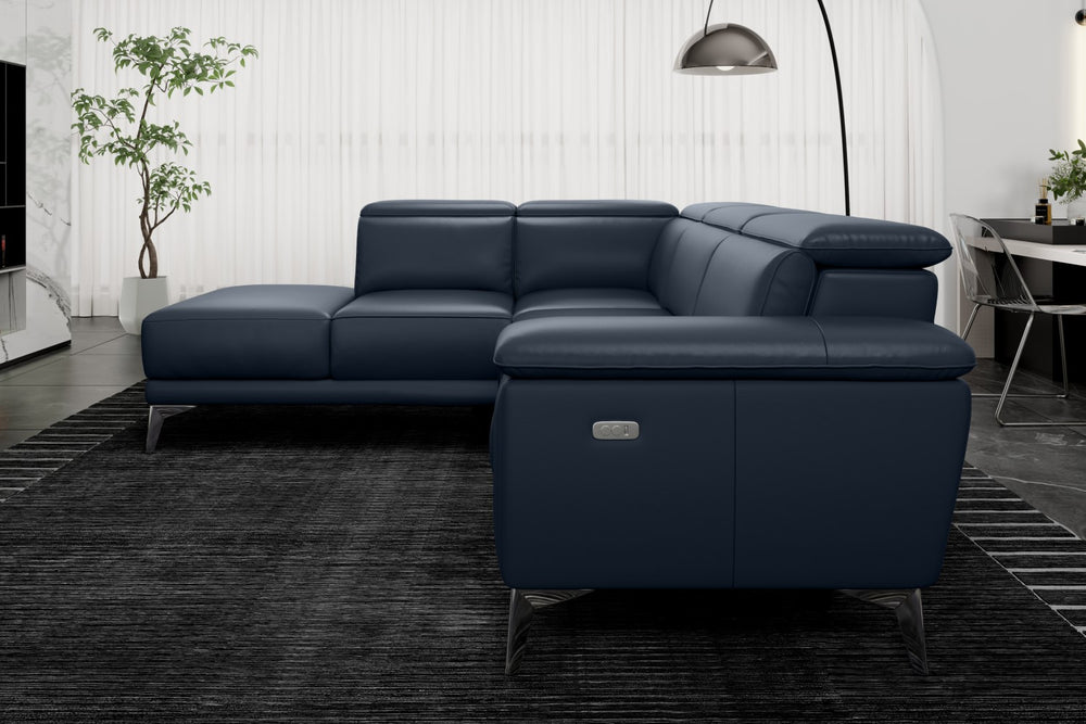 Valencia Pista Modern Top Grain Leather Reclining Sectional Sofa with Left-Hand Facing Chaise, Blue