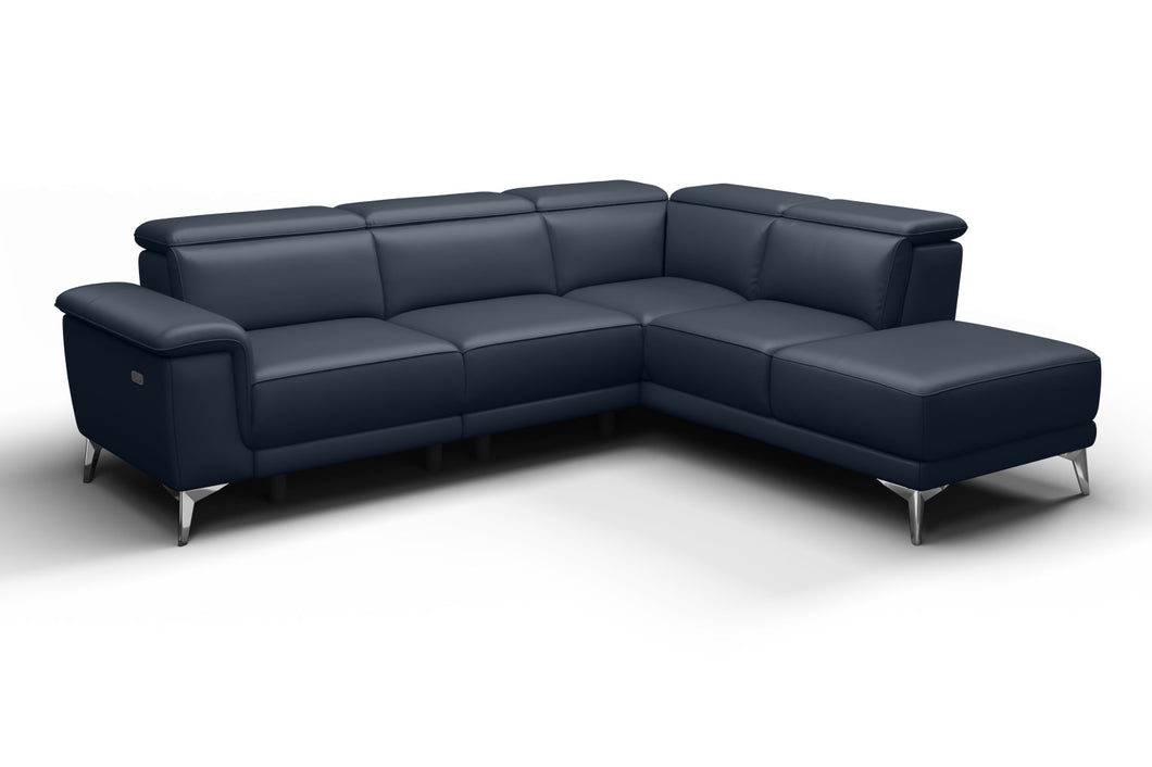 Valencia Pista Modern Top Grain Leather Reclining Sectional Sofa with Right-Hand Facing Chaise, Blue