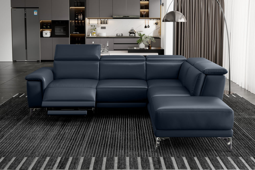 Valencia Pista Modern Top Grain Leather Reclining Sectional Sofa with Right-Hand Facing Chaise, Blue